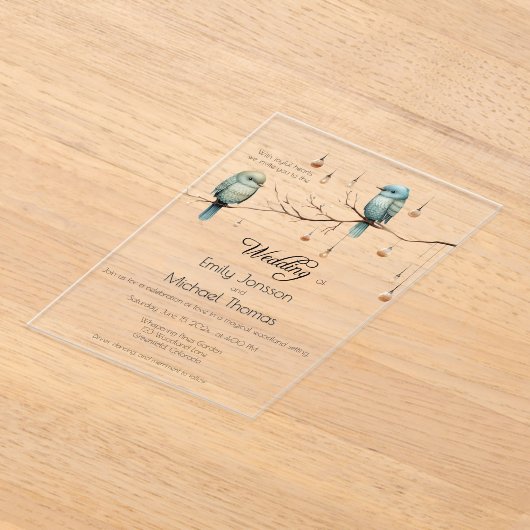 ウッドラ素朴ンドラブバードお祝い アクリル招待状 (レイダウン)