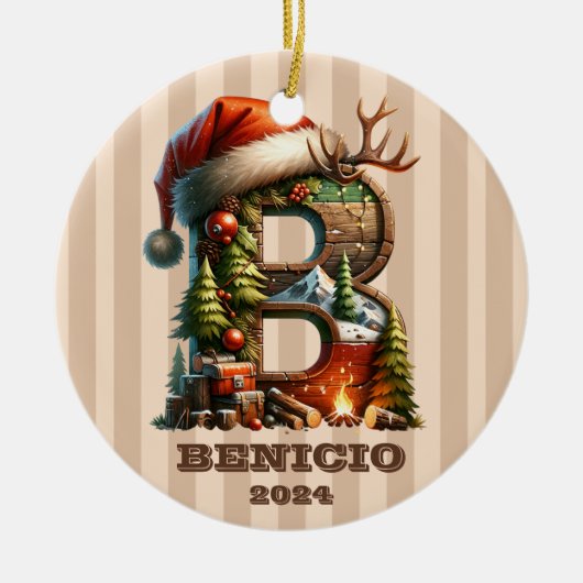 ウッドラ素朴ンドレターBウィズホリデーデコール セラミックオーナメント (正面)