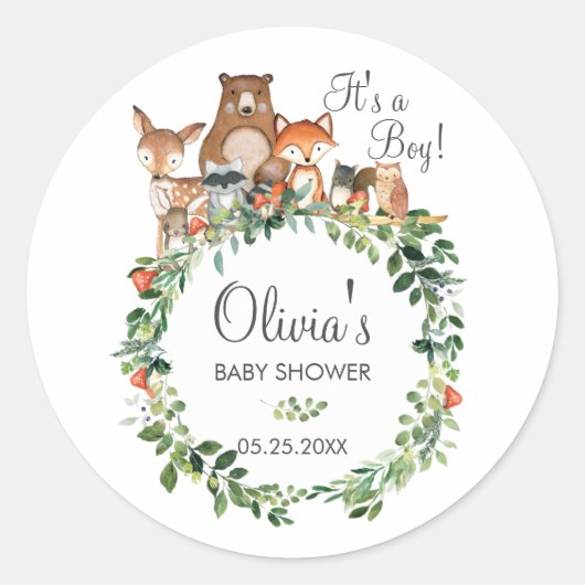 ウッドラ素朴ンド動物の赤ちゃんシャワーありがとう ラウンドシール (正面)