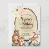 ウッドラ素朴ンド動物女の子1歳の誕生日パーティー 招待状 (正面)