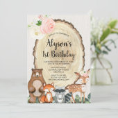 ウッドラ素朴ンド動物女の子1歳の誕生日パーティー 招待状 (スタンド正面)