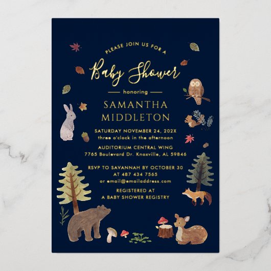 ウッドラ素朴ンド動物秋ベビーシャワー金ゴールド 箔招待状 (正面)