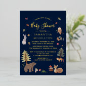 ウッドラ素朴ンド動物秋ベビーシャワー金ゴールド 箔招待状 (立ち正面)