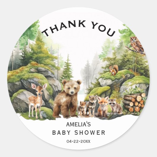 ウッドラ素朴ンド動物赤ちゃんシャワーありがとう ラウンドシール (正面)