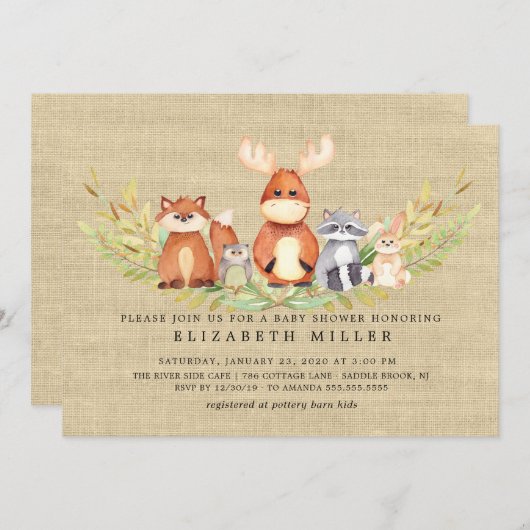ウッドラ素朴ンド動物赤ちゃんシャワー招待状 招待状 (正面/裏面)