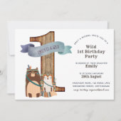 ウッドラ素朴ンド動物1st誕生日パーティー部族 招待状 (正面)