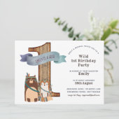 ウッドラ素朴ンド動物1st誕生日パーティー部族 招待状 (スタンド正面)