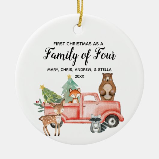 ウッドラ素朴ンド四人家族のクリスマス1回目 セラミックオーナメント (正面)