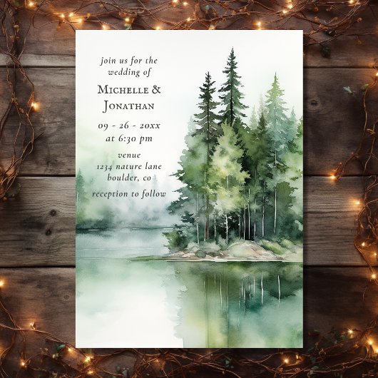 ウッドラ素朴ンド湖の森一つ結婚で 招待状
