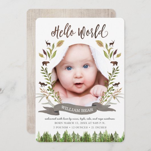 ウッドラ素朴ンド男の赤ちゃん誕生発表カード 案内状 (正面/裏面)