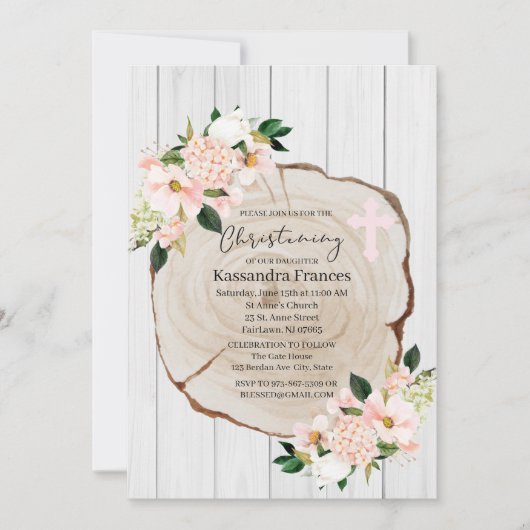 ウッドラ素朴ンド赤面フローラ《キリスト教》洗礼式や命名式 招待状 (正面)