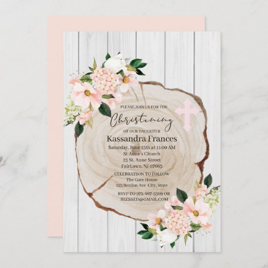 ウッドラ素朴ンド赤面フローラ《キリスト教》洗礼式や命名式 招待状 (正面/裏面)