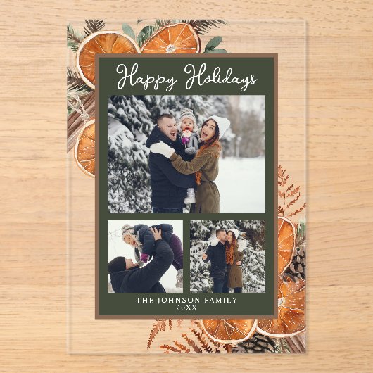 ウッドラ素朴ンド3枚フォトクリスマスホリデー アクリル招待状 (正面)