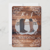 ウッドラ素朴ン結婚ドの写真用木材パネルモノグラム 招待状 (正面)