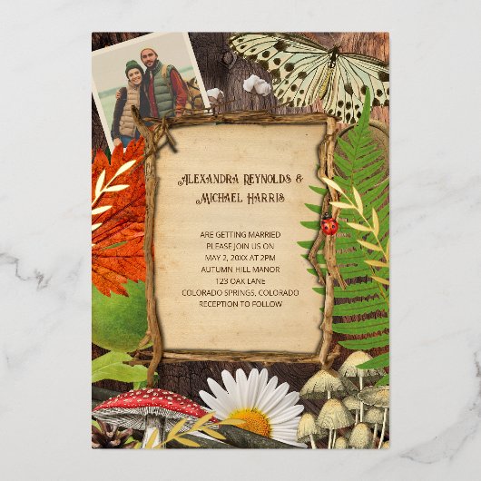 ウッドラ魅力的ンド素朴自然インスパイア 箔招待状 (正面)