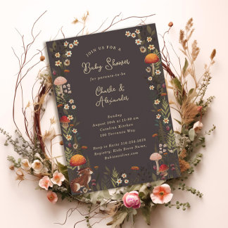 ウッドリッシュマッシュズワイフラワーグレーの赤ちゃんシャワー 招待状