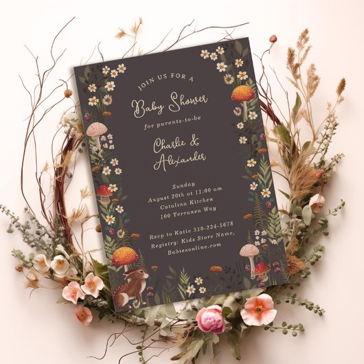 ウッドリッシュマッシュズワイフラワーグレーの赤ちゃんシャワー 招待状