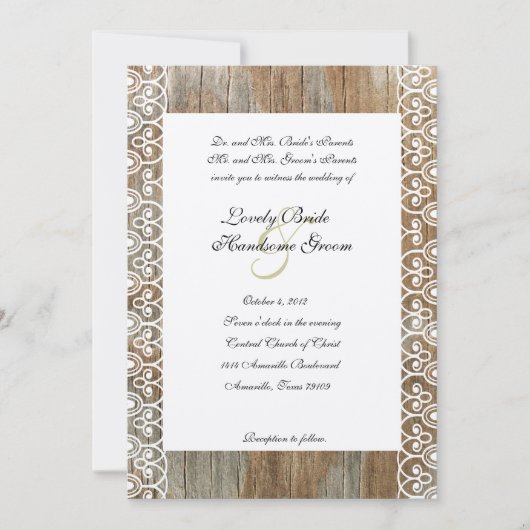 ウッドリングや輪シャビーレースハート結婚式招待状 招待状 (正面)