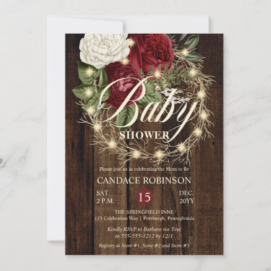 ウッドリ素朴ーで照らされたリースガールベイビーシャワー 招待状 (正面)
