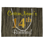 ウッドルックフェイク、フェイク金ゴールド14番目の誕生日+名前 ラージペーパーバッグ (裏面)