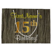 ウッドルックフェイク、フェイク金ゴールド15番目の誕生日+名前 ラージペーパーバッグ (裏面)