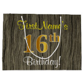 ウッドルックフェイク、フェイク金ゴールド16番目の誕生日+名前 ラージペーパーバッグ (裏面)