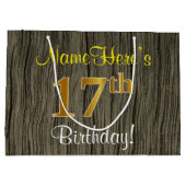 ウッドルックフェイク、フェイク金ゴールド17番目の誕生日+名前 ラージペーパーバッグ (裏面)