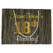 ウッドルックフェイク、フェイク金ゴールド18番目の誕生日+名前 ラージペーパーバッグ (裏面)