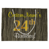 ウッドルックフェイク、フェイク金ゴールド24番目の誕生日+名前 ラージペーパーバッグ (裏面)