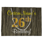 ウッドルックフェイク、フェイク金ゴールド26番目の誕生日+名前 ラージペーパーバッグ (裏面)