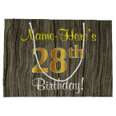 ウッドルックフェイク、フェイク金ゴールド28番目の誕生日+名前 ラージペーパーバッグ (裏面)