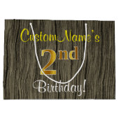 ウッドルックフェイク、フェイク金ゴールド2nd誕生日+名前 ラージペーパーバッグ (裏面)