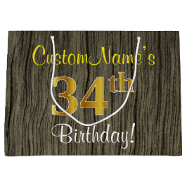 ウッドルックフェイク、フェイク金ゴールド34番目の誕生日+名前 ラージペーパーバッグ
