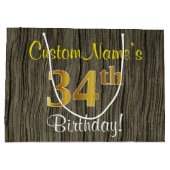 ウッドルックフェイク、フェイク金ゴールド34番目の誕生日+名前 ラージペーパーバッグ (裏面)