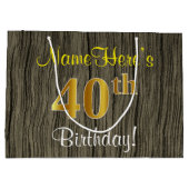 ウッドルックフェイク、フェイク金ゴールド40歳の誕生日+名前 ラージペーパーバッグ (裏面)