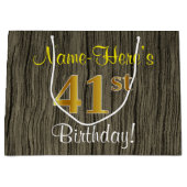 ウッドルックフェイク、フェイク金ゴールド41番目の誕生日+名前 ラージペーパーバッグ (正面)