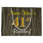ウッドルックフェイク、フェイク金ゴールド41番目の誕生日+名前 ラージペーパーバッグ (裏面)