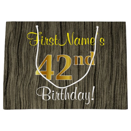 ウッドルックフェイク、フェイク金ゴールド42番目の誕生日+名前 ラージペーパーバッグ (正面)