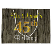 ウッドルックフェイク、フェイク金ゴールド45番目の誕生日+名前 ラージペーパーバッグ (裏面)