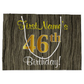 ウッドルックフェイク、フェイク金ゴールド46番目の誕生日+名前 ラージペーパーバッグ (裏面)