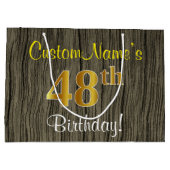 ウッドルックフェイク、フェイク金ゴールド48番目の誕生日+名前 ラージペーパーバッグ (裏面)