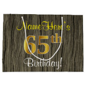 ウッドルックフェイク、フェイク金ゴールド65番目の誕生日+名前 ラージペーパーバッグ (裏面)