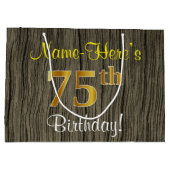 ウッドルックフェイク、フェイク金ゴールド75番目の誕生日+名前 ラージペーパーバッグ (裏面)
