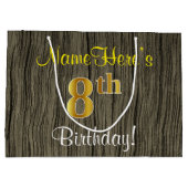 ウッドルックフェイク、フェイク金ゴールド8番目の誕生日+名前 ラージペーパーバッグ (裏面)