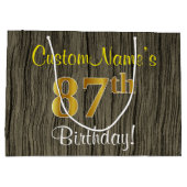 ウッドルックフェイク、フェイク金ゴールド87番目の誕生日+名前 ラージペーパーバッグ (裏面)