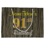 ウッドルックフェイク、フェイク金ゴールド91番目の誕生日+名前 ラージペーパーバッグ (裏面)
