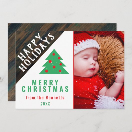 ウッドレッド素朴グリーンクリスマスツリーファミリーフォト シーズンカード (正面/裏面)