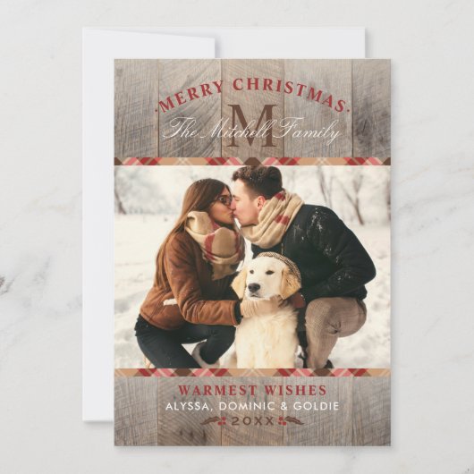 ウッドレッド素朴タータンチェックプレイドクリスマスモノグラム シーズンカード (正面)