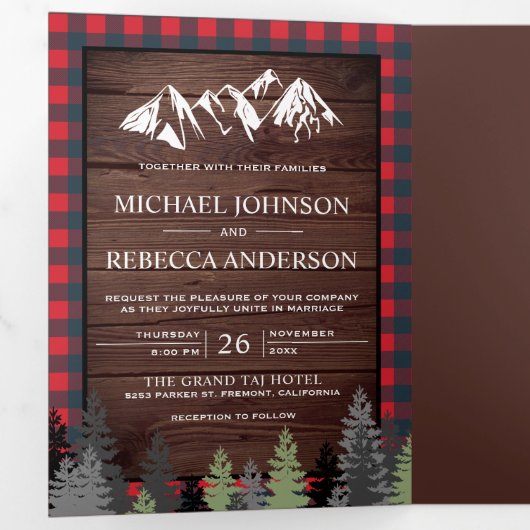 ウッドレッド素朴バッファロープレイドマウンテン結婚ズ 三つ折り招待状 (内部最初)