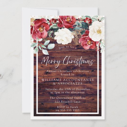 ウッドレッド素朴ホワイトフローラメリークリスマスパーティー 招待状 (正面)
